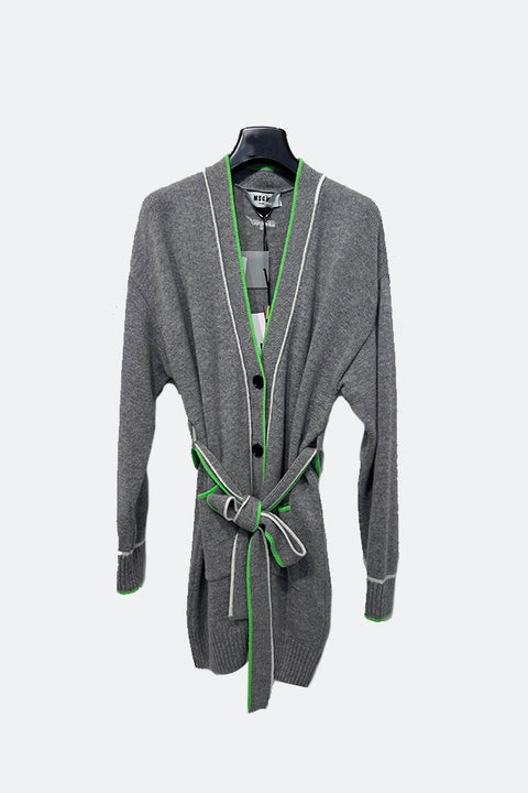 Trim Knitted Long Cardigan - Grey