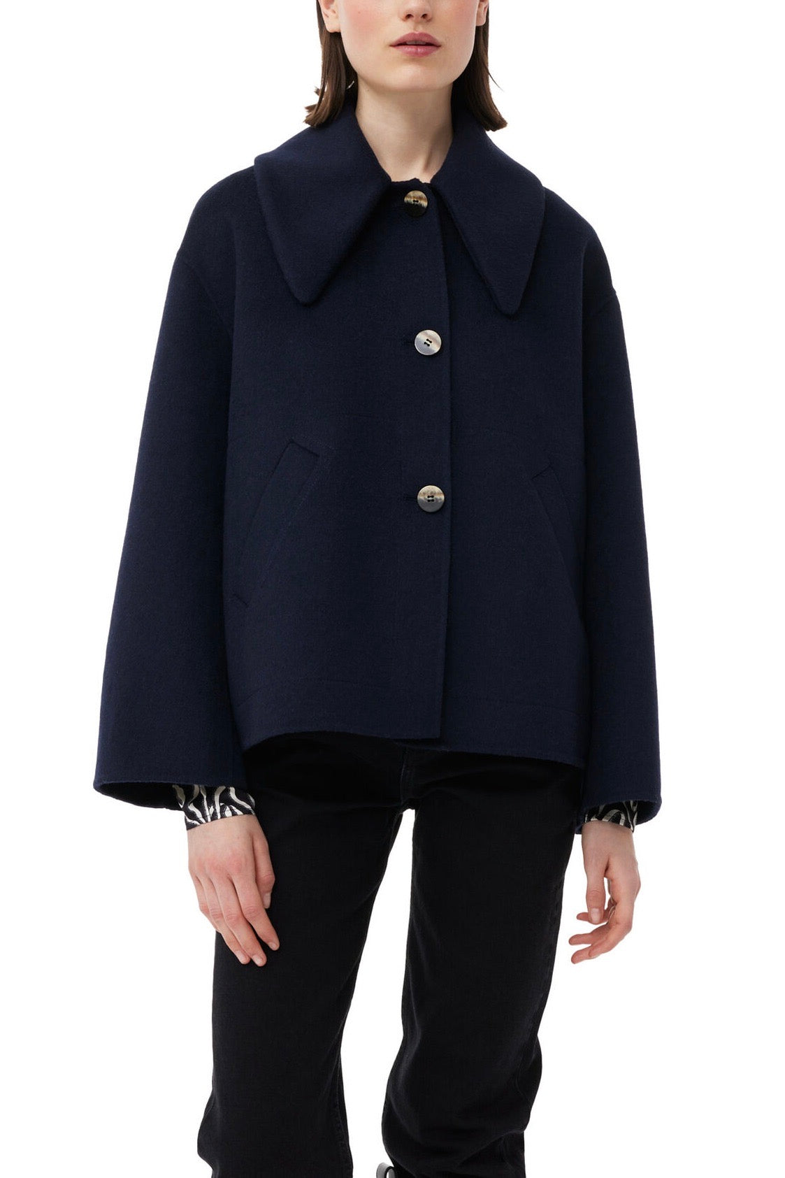 Navy Wool Wide Collar Jacket – avecel