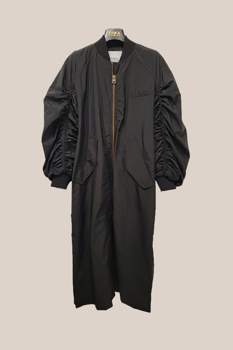 Gathered Zipped Coat - Black