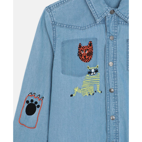 Embroidered Cats Cotton Chambray Shirt