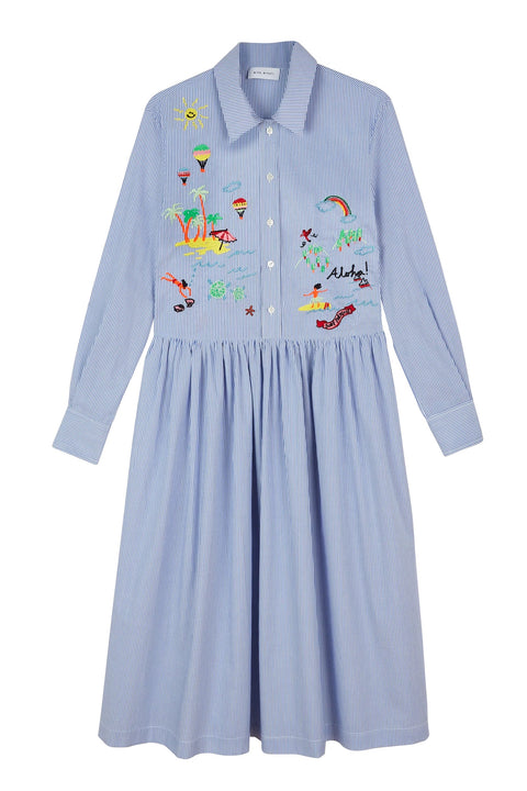 Embroidered Stripe Cotton Shirt Dress avecel Embroidered Stripe Cotton Shirt Dress avecel
