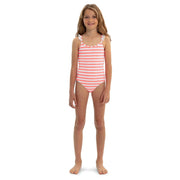 Girls Pink Waffle Stripe Frill Strap Swimsuit