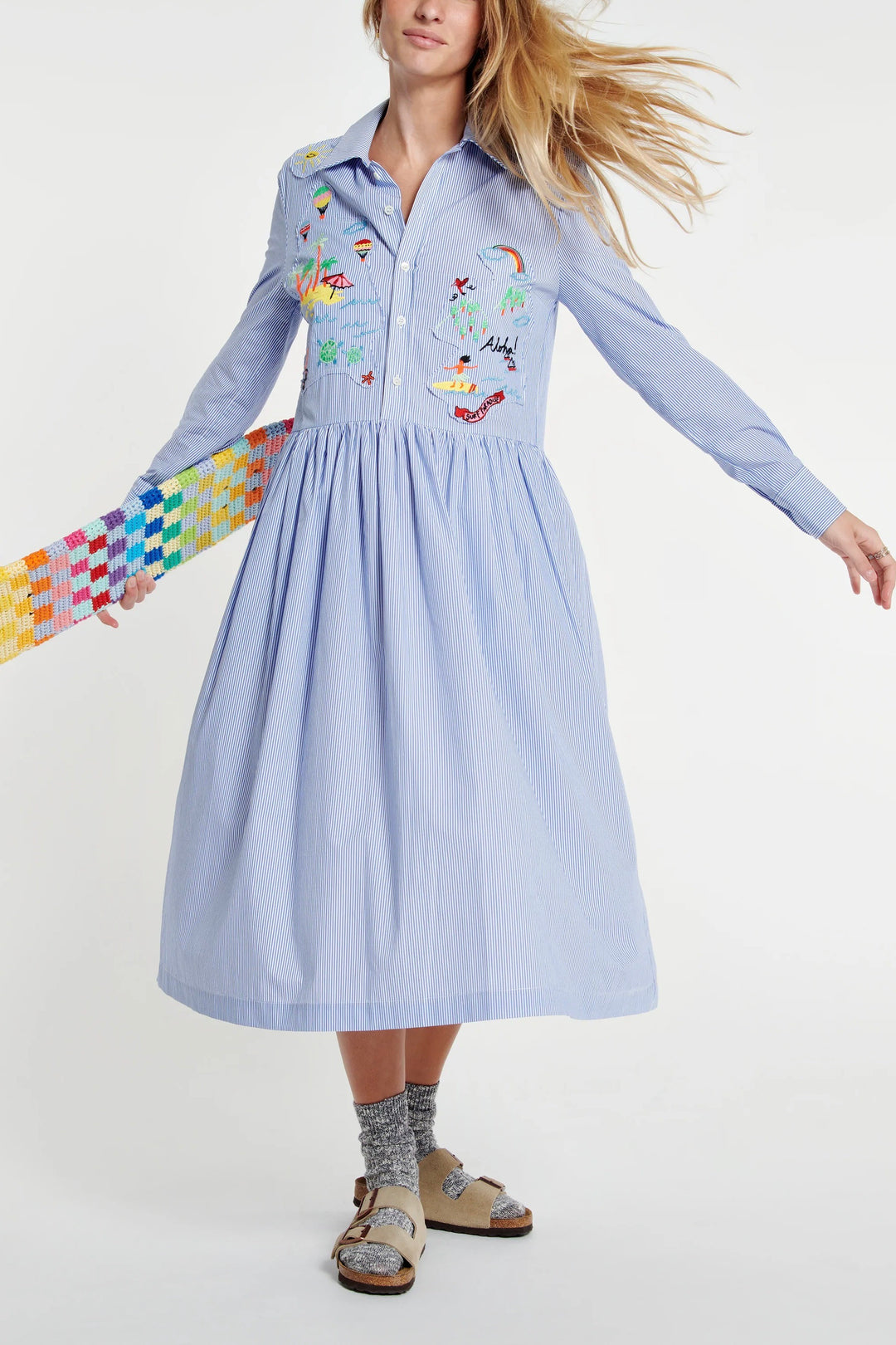 Embroidered Stripe Cotton Shirt Dress avecel Embroidered Stripe Cotton Shirt Dress avecel