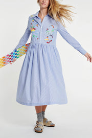 Embroidered Stripe Cotton Shirt Dress