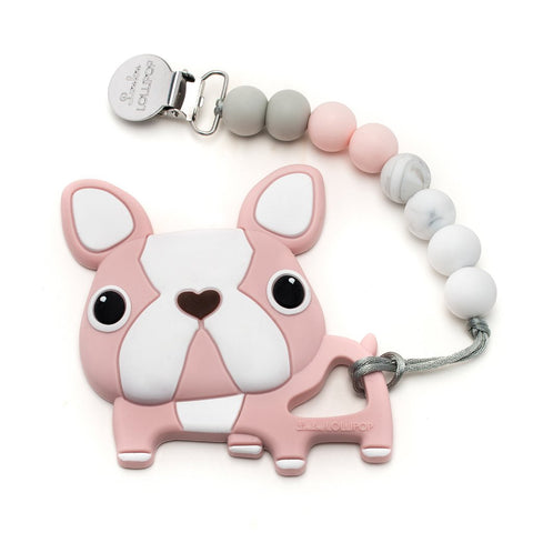Pink Boston Terrier Silicone Babies Teether Holder Set